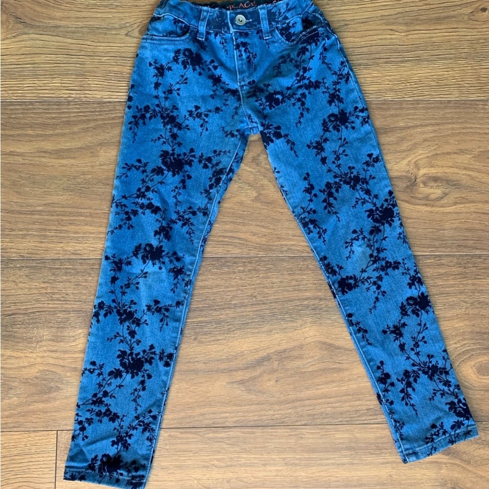 Place Girls Blue Skinny Jeans with Navy Floral Burnout